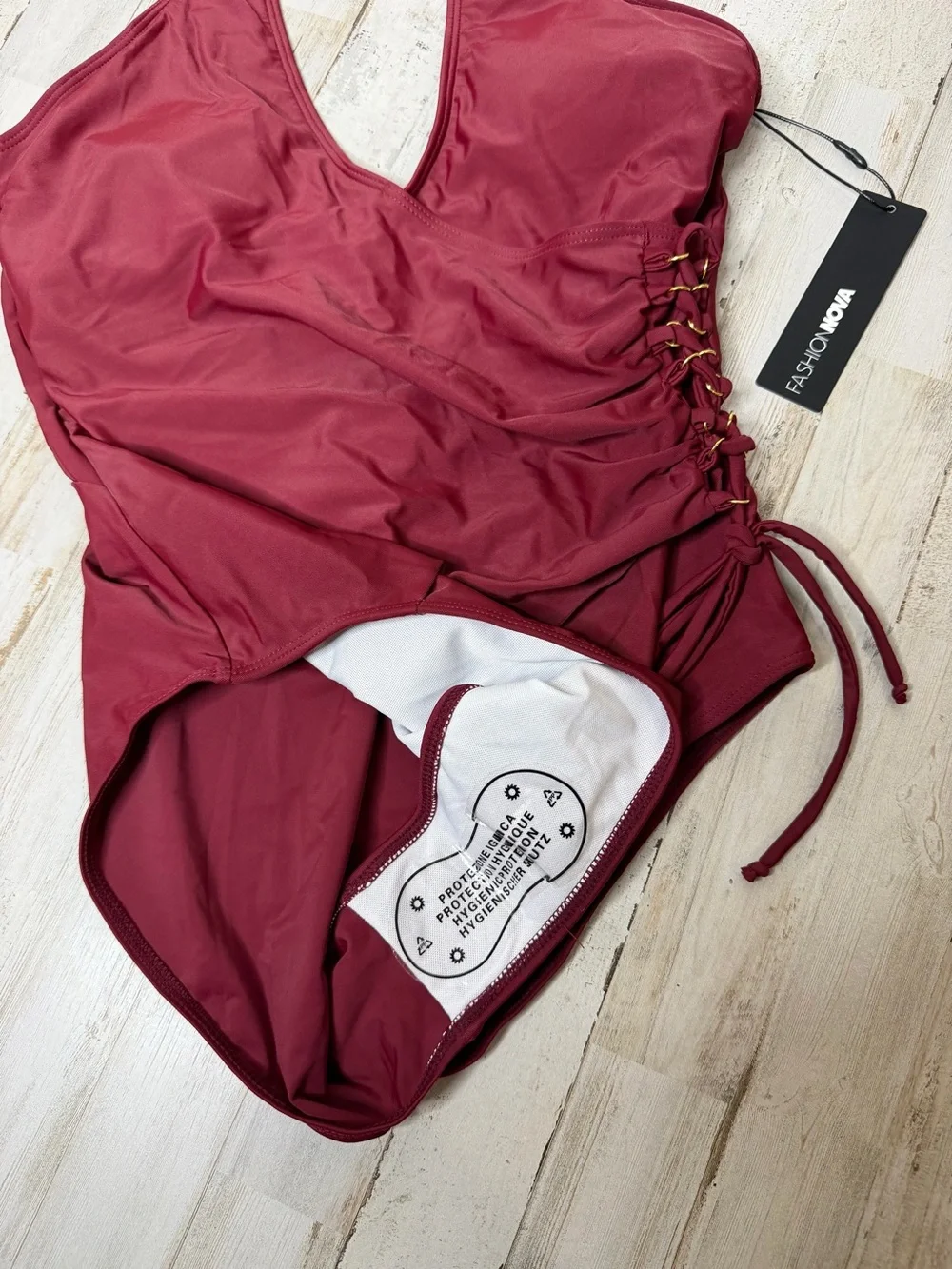 Fashion Nova Wine Red Lace-Up One-Piece Swimsuit